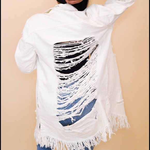 🎁NWT BiBi Ivory Long Button Down Distressed Denim Jacket S - Picture 8 of 11